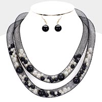 Double Mesh Tube Pearl Collar Necklace