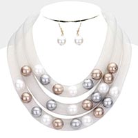 Triple Mesh Tube Pearl Collar Necklace