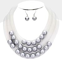 Triple Mesh Tube Pearl Collar Necklace