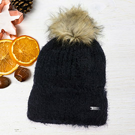 Faux Fur Pom Pom Cuffed Single Layered Beanie Hat