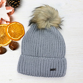 Faux Fur Pom Pom Cuffed Single Layered Beanie Hat