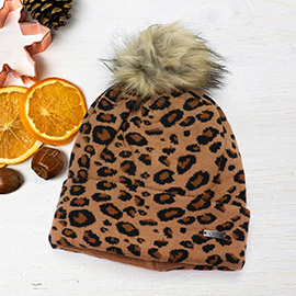 Cheetah Print Double Layered Pom Pom Beanie Hat