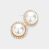 Pearl Rhinestone Pave Trim Stud Earrings 
