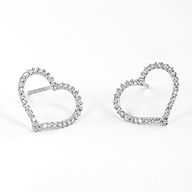 White Gold Dipped CZ Stone Paved Open Heart Stud Earrings