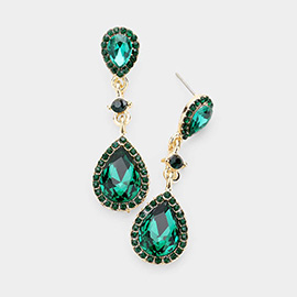 Double Teardrop Stone Accented Dangle Evening Earrings