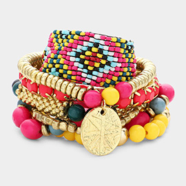 7PCS - Boho Multi Beaded Disc Charm Stretch Bracelets