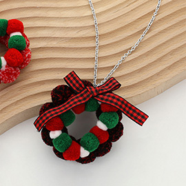 Bow Pom Pom Wreath Long Pendant Necklace