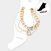 3PCS - Rhinestone Open Circle Metal Chain Layered Anklets