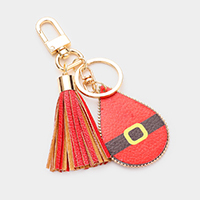 Santa Claus Cloth Print Faux Leather Teardrop Tassel Keychain