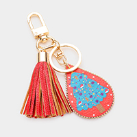 Christmas Tree Print Faux Leather Teardrop Tassel Keychain