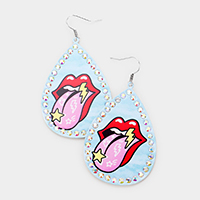 Lip Print Stone Trim Metal Teardrop Earrings