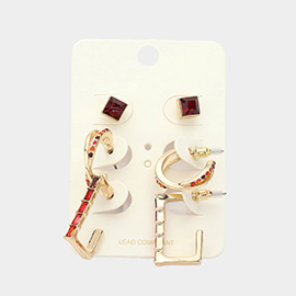 3Pairs - Stone Embellished Geometric Earrings