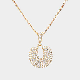 -U- Rhinestone Monogram Pendant Brass Chain Necklace