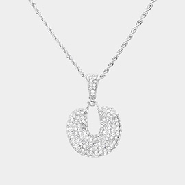 -U- Rhinestone Monogram Pendant Brass Chain Necklace