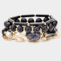 4PCS - Multi Bead Open Metal Oval Link Layered Bracelets