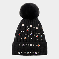 Pearl Stone Embellished Detail Pom Pom Beanie Hat