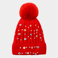 Pearl Stone Embellished Detail Pom Pom Beanie Hat