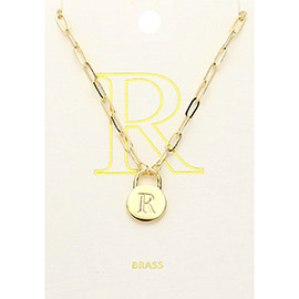 -R- Brass Metal Monogram Lock Pendant Necklace