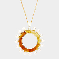 Pearl Detail Celluloid Acetate Open Circle Pendant Necklace