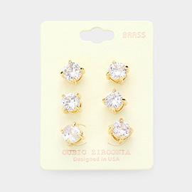 3PAIRS - CZ Cubic Zirconia Round Stud Earrings