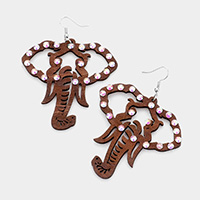 Round Stone Embellished Wood Elephant Dangle Earrings