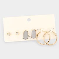 3Pairs - Round Stone Genuine Shell Hexagon Metal Hoop Earrings