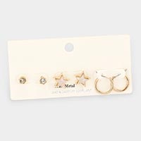 3Pairs - Brass Metal Round Stone Druzy Star Hoop Earrings