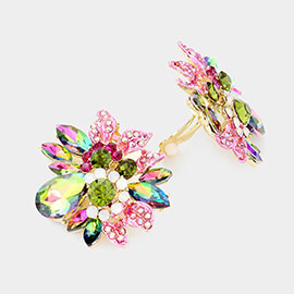 Floral Multi Stone Clip on Evening Earrings