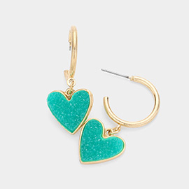 Metal Half Hoop Druzy Heart Dangle Earrings