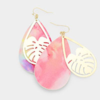 Metal Tropical Leaf Accented Tie Dye Faux Leather Teardrop Layered Dangle Earrings