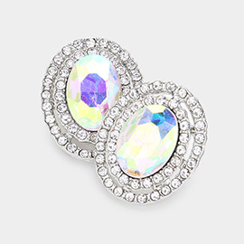 Rhinestone Trim Oval Stone Stud Evening Earrings