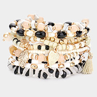 10PCS - Metal Heart Leaf Tassel Charm Multi Beaded Stretch Bracelets