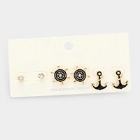 3PCS - Stone Embellished Enamel Ship Wheel Anchor Stud Earrings