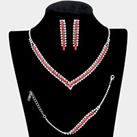 3PCS - Round Stone Detail Rhinestone Necklace Jewelry Set