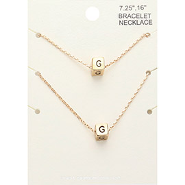 2PCS - -G- Monogram Metal Cube Pendant Necklace / Bracelet Set