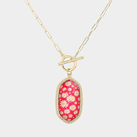 Daisy Flower Patterned Hexagon Pendant Toggle Necklace