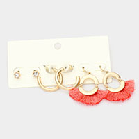 3Pairs - Round Stone Metal Hoop Tassel Fringe Earrings