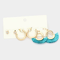 3Pairs - Round Stone Metal Hoop Tassel Fringe Earrings