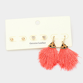 3Pairs - Metal Ball Rhinestone Triangle Fan Shaped Cheetah Patterned Genuine Leather Tassel Fringe Earrings