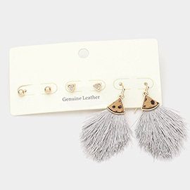 3Pairs - Metal Ball Rhinestone Triangle Fan Shaped Cheetah Patterned Genuine Leather Tassel Fringe Earrings