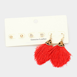 3Pairs - Metal Ball Rhinestone Triangle Fan Shaped Cheetah Patterned Genuine Leather Tassel Fringe Earrings