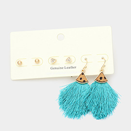 3Pairs - Metal Ball Rhinestone Triangle Fan Shaped Cheetah Patterned Genuine Leather Tassel Fringe Earrings