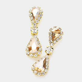 Double Teardrop Accented Rhinestone Trimmed Dangle Evening Earrings