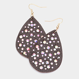 Stone Embellished Genuine Leather Teardrop Dangle Earrings