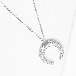 White Gold Dipped CZ Embellished Metal Horn Pendant Necklace