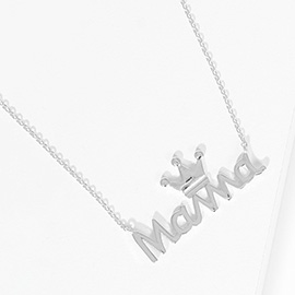 White Gold Dipped Metal Crown MAMA Message Pendant Necklace