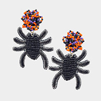 Felt Back Seed Beaded Spider Dangle Earrings