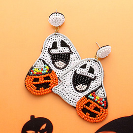 Felt Back Sequin Seed Beaded Ghost Pumpkin Dangle Earrings