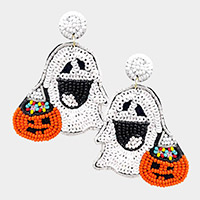 Felt Back Sequin Seed Beaded Ghost Pumpkin Dangle Earrings