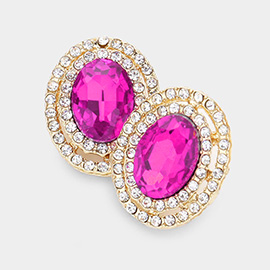 Rhinestone Trim Oval Stone Stud Evening Earrings